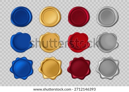 Red, Gold, Silver, and blue wax seal stamp set isolated on a transparent background. 3D realistic vector illustration