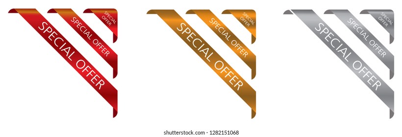 Red, Gold, Silver side ribbon and curled up edge special offer banner , Vector illustration.