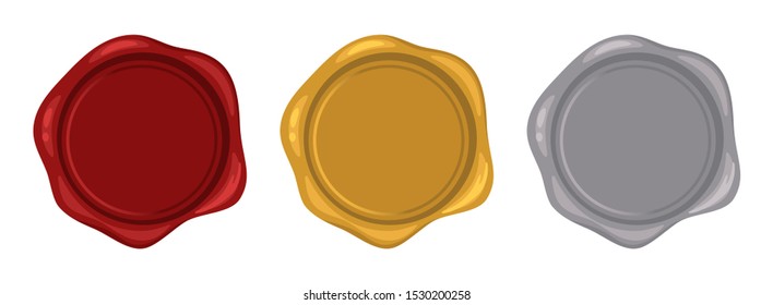Red gold silver wax stamps. Decorative candle seal postage stamp set isolated on white, vector illustration