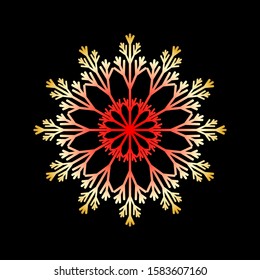 Red and gold snowflake isolated on black background. Flat snow icon silhouette. New year theme.Vector illustration