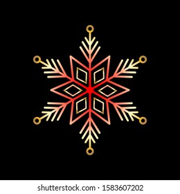 Red and gold snowflake isolated on black background. Flat snow icon silhouette. New year theme.Vector illustration