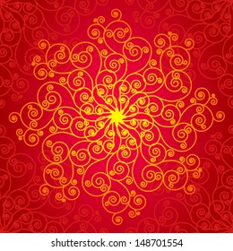 Red and gold spiral rosette (or snowflake) seamless pattern.