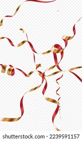 Red and Gold Streamer Flying Vector Transparent Background. Paper Confetti Invitation. Spiral Festive Poster. Chic Party Branch.