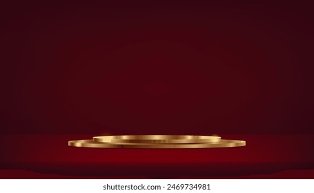 Fondo de la habitación estudio rojo y dorado. Habitación de estudio abstracto 3D con podio de pedestal. Espacio para vender productos en el Sitio web. Ilustración vectorial.