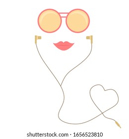 Red and gold sunglasses, lips and earphones vector illustration, abstract female face