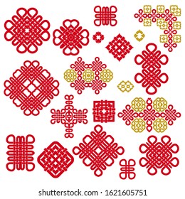 Red and gold template symbols in chinese style. Ethnic ornament and eastern elements. Trendy print for design. Vector set.