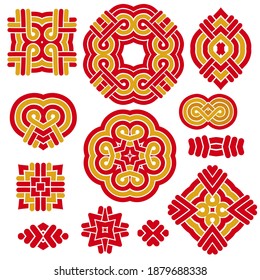 Red and gold template symbols in chinese style. Ethnic ornament and eastern elements. Trendy print for design. Vector set.