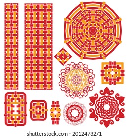 Red and gold template symbols in chinese style. Ethnic ornament and eastern elements. Trendy print for design. Vector set.
