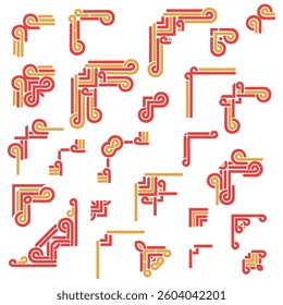 Red and gold templates corner in chinese style . Deco borders, asian ornament. Objects isolated on white background. Vector set 