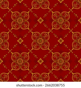 Red and Gold Thai Ethnic Pattern. Seamless traditional Asian design with ornate floral and scrollwork motifs. Ideal for textiles, elegant decor and wallpaper.