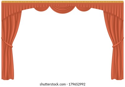 Red and gold theater curtain, isolated on white background. Vector