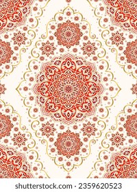 Rot und Gold, türkisches, nahtloses Muster mit luxuriösen Blumenverzierungen. Traditionelle arabische, indische Motive. Ideal für Gewebe und Textilien, Tapeten, Verpackungen oder jede erwünschte Idee.