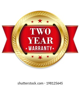 Red gold two year warranty badge with ribbon on white background
