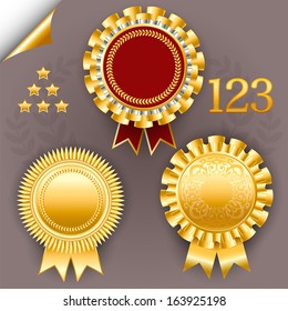 Red and gold vector ribbon badges for 1,2 and 3 places. Design element.