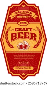 Red and gold vintage label celebrating craft beer from a traditional brewery, featuring two overflowing mugs, wheat, and a premium quality banner