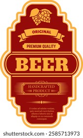 Red and gold vintage label for premium quality beer featuring hop cones, ribbon banner, and handcrafted product declaration, perfect for brewery or alcohol branding