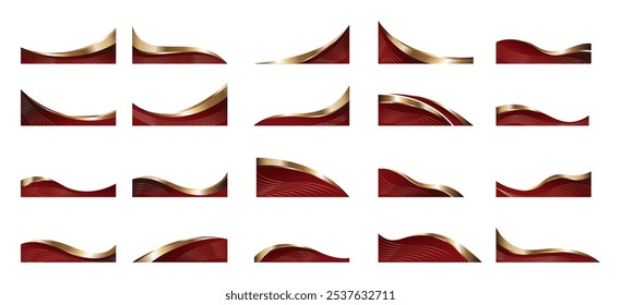 Coleção de Conjuntos de Vetores de Borda e Canto de Quadro Abstrato de Onda de Ouro Vermelho. Elementos decorativos cantos, bordas e quadros. Forma elegante para banners, certificados, convites e design de capas