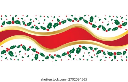 Frontera de la onda del oro rojo con las bayas rojas y las hojas verdes para el fondo de las Navidades