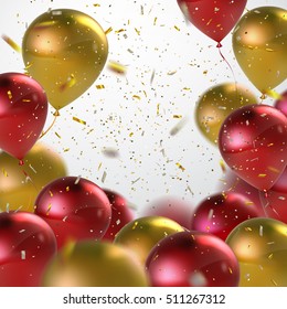 Red And Golden Balloons With Holiday Confetti. Vector Holiday Illustration Of Flying Red And Golden Balloons With Confetti Glitters. Award Ceremony Or Other Holiday Event Decoration Element