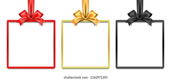 Red, golden, and black gift box vector frame with bow and ribbon, isolated on a white background.