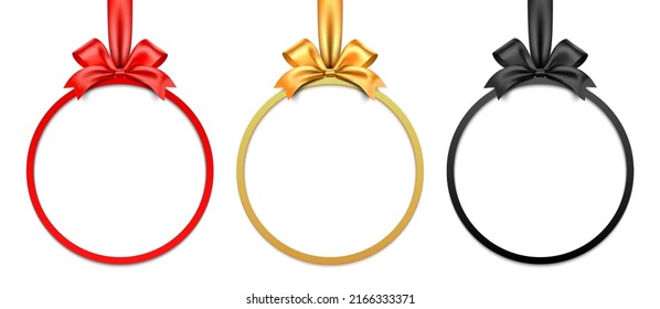 Red, golden, and black vector circle gift frame with bow and ribbon, isolated on white background.