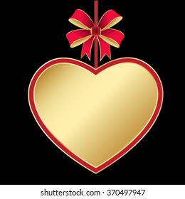 red golden border heart shape frame hanging on  ribbon with bow, vector greeting card valentine  template