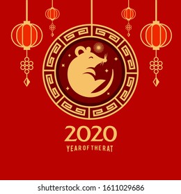 Red and golden chinese new year 2020 with rat in a frame with traditional china lantern decoration Vector