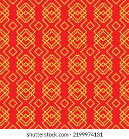 Red Golden chinese pattern collection, square diamond Abstract background, Decorative ornament wallpaper. ethnic traditional japanese asian geometric. vector line linear illustration. new year kimono
