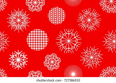 Red and golden Christmas background with geometric elements. Snowflakes and circles with different ornaments. Seamless vector pattern for textile design, cards and web design.