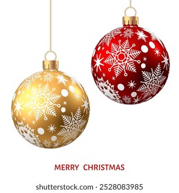 Red, golden  Christmas  balls  with pattern  isolated on white background. Xmas  tree decoration with ornament. Vector bauble set.