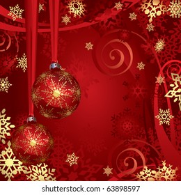 Red And Golden Christmas Baubles And Snowflakes Background