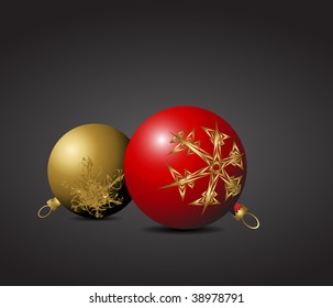 Red and golden Christmas bulbs with snowflakes ornaments