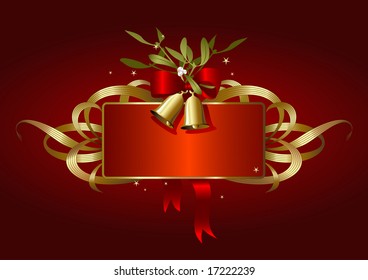 red and golden christmas-banner with bells, bow and mistletoe