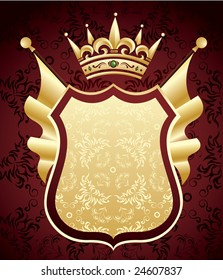 Red and golden coat of arms with flags