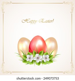 Red and golden Easter eggs with flowers on beige background, illustration.