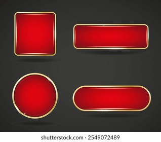 Red golden frame website button set. Circle square glossy frame