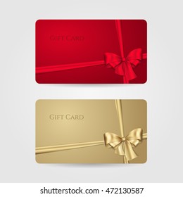 Red And Golden Gift Cards With Bow And Ribbons. Vector Template For Design Invitation And Credit Or Discount Card. Isolated From A Background.