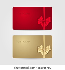 Red and golden gift cards with ribbons and bows with polka dots. Vector template for design invitation and credit or discount card. Isolated from a background.