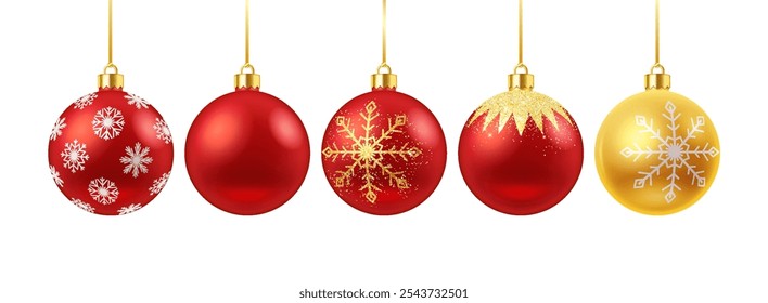 Red and golden glass baubles with snowflakes realistic color icons set. Happy new year holiday ornaments 3d objects illustrations on white