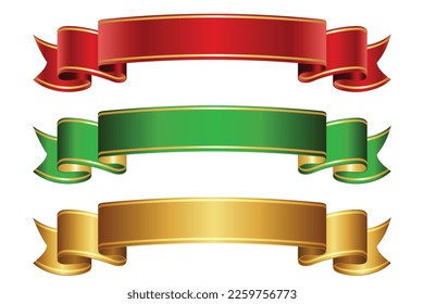 Red, golden and green ribbon banner set.