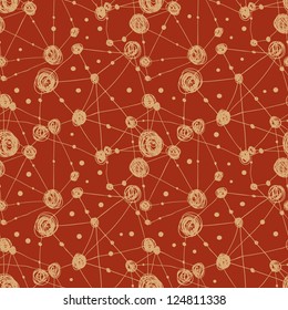 Red and golden grunge abstract pattern. Seamless atomic lattice elements. Design dot background
