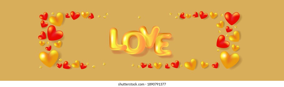 Rote und goldene Herzen Rahmen und 3D-Text Liebe. Feiertagsbanner für den Valentinstag, Hochzeit, Muttertag.