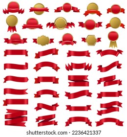 Red And Golden Labels And Ribbons With White Background With Gradient Mesh, Vector Illustration
