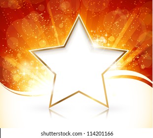 Red golden light burst with stars and defocused light dots in the background and gold rimmed white star with reflection for your text.