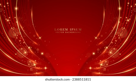 Red and golden lines curve shape with glitter light, and bokeh effects decoration on red background. Luxury style vector design