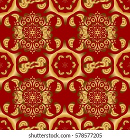Red and golden pattern. Oriental vector classic pattern. Seamless abstract pattern with golden repeating elements on red backdrop.