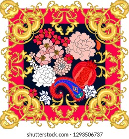 Red and golden print with chains, scrolls and flowers. Seamless vector pattern with jewelry elements. Women's fashon collection.