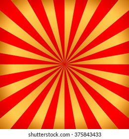 Red and golden rays of vector carnival background. Circus themed sunlight. Holiday abstract retro vector background. Template for invitations, gifts, banners
