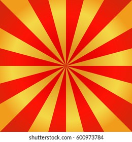 Red and golden rays of vector carnival background. Circus themed sunlight. Holiday abstract retro vector background. Template for invitations, gifts, banners