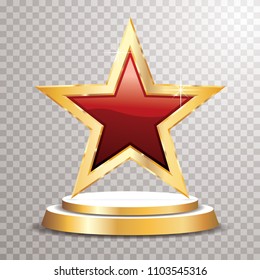 Red Golden Star On Golden Podium, Vector Template For Cosmetics, Show Business, Sports Or Something Else